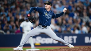 Tampa Bay Rays pitcher Tyler Alexander (14) throws the ball during seventh inning MLB baseball action against the Toronto Blue Jays in Toronto, Friday, May 17, 2024. THE CANADIAN PRESS/Chris Katsarov 