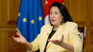 Georgian President Salome Zourabichvili gestures while speaking during an interview with The Associated Press, in Tbilisi, Georgia, Thursday, May 16, 2024.  (AP Photo/Shakh Aivazov)