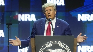 Former U.S. president Donald Trump speaks during the 2023 National Rifle Association Convention. (Darron Cummings/AP Photo)