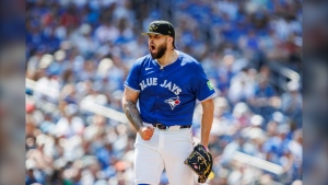 Toronto Blue Jays pitcher Alek Manoah (6) reacts after the final out of the top of the sixth inning of MLB baseball action against the Tampa Bay Rays in Toronto on Sunday, May 19, 2024. THE CANADIAN PRESS/Cole Burston