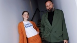 Emma Stone, left, and director Yorgos Lanthimos pose for a portrait photograph for the film 'Kinds of Kindness' at the 77th international film festival, Cannes, southern France, Saturday, May 18 2024.