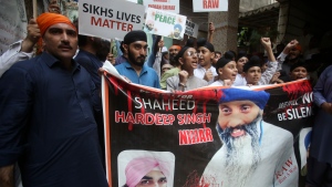 Members of Sikh community hold a protest against the killing of Hardeep Singh Nijjar, in Peshawar, Pakistan, Wednesday, Sept. 20, 2023. Four Indian nationals accused in the murder of British Columbia Sikh activist Hardeep Singh Nijjar will all appear in court today. THE CANADIAN PRESS/AP-Muhammad Sajjad