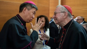 Shangai Bishop Joseph Shen Bin, left, talks with Cardinal Pietro Parolin, Vatican secretary of state,  during an international conference in Verona, Italy,  on Tuesday, May 21, 2024. (Gregorio Borgia / AP Photo)