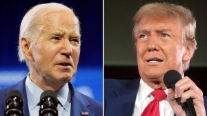 In this combination photo, U.S. President Joe Biden speaks May 2, 2024, in Wilmington, N.C., left, and Republican presidential candidate former President Donald Trump speaks at a campaign rally, May 1, 2024, in Waukesha, Wis. (AP Photo)