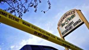 FILE - Crime scene tape still surrounds Schemengees Bar & Grille, Oct. 29, 2023, in Lewiston, Maine. (Matt York / The Associated Press)