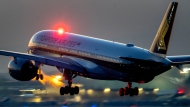 An aircraft of Singapore airlines lands at the airport in Frankfurt, Germany, Tuesday, Feb. 21, 2023. (AP Photo/Michael Probst) 
