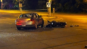 A motorcycle and a car collided in North York on Tuesday, May 21, 2024. (Mike Nguyen/CP24)