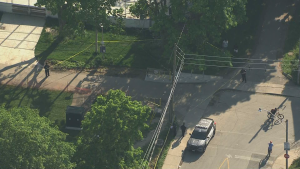 Chopper 24 over the scene of a stabbing in the area of Dufferin Street and Dufferin Park Avenue on Wednesday, May 22, 2024.