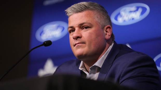 FILE - Toronto Maple Leafs head coach Sheldon Keefe speaks to the media in Toronto on Monday May 6, 2024, after his team's season ending loss to Boston Bruins in the first round of the NHL Stanley Cup playoffs. THE CANADIAN PRESS/Chris Young 