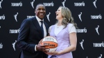 Toronto Raptors president Masai Ujiri and WNBA Toronto team president Teresa Resch pose for a photo during a press conference announcing the city's WNBA franchise, in Toronto on Thursday, May 23, 2024. THE CANADIAN PRESS/Christopher Katsarov