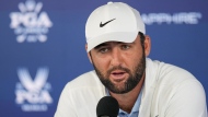 FILE - Scottie Scheffler speaks during a news conference after the second round of the PGA Championship golf tournament at the Valhalla Golf Club, Friday, May 17, 2024, in Louisville, Ky. (AP Photo/Matt York, File)