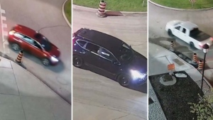 Police are looking for the three vehicles in the photo that were captured on video shooting at a Richmond Hill cinema between May 17 and 24, 2024. (York Regional Police)