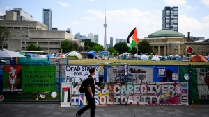 A pro-Palestinian encampment set up at the University of Toronto is photographed in Toronto, on Thursday, May 23, 2024. THE CANADIAN PRESS/Christopher Katsarov