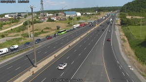 All Toronto-bound lanes of the QEW closed at Glendale Avenue in St. Catharines on Friday, May 24, 2024. (MTO)