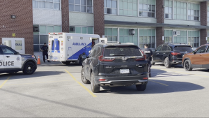 Police and paramedics are on the scene of a collision near Royal York Road and Mimico Avenue on Friday, May 24, 2024. (Jacob Estrin for CTV News Toronto)