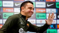 Barcelona's head coach Xavi Hernandez gestures during a press conference in Barcelona, Spain, Saturday, May 25, 2024. (AP Photo/Joan Monfort)