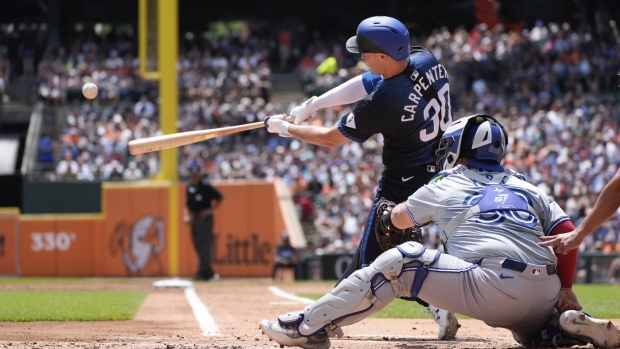 Detroit Tigers' Kerry Carpenter hits a two-run home run against the Toronto Blue Jays in the first inning of a baseball game, Saturday, May 25, 2024, in Detroit. (AP Photo/Paul Sancya