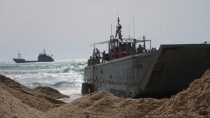 A U.S. Army landing craft is seen beached in Ashdod on Sunday, May 26, 2024, after being swept by wind and current from the temporary humanitarian pier in the Gaza Strip. (AP Photo/Tsafrir Abayov)