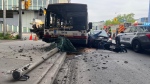 A pole was knocked down and wires are on the ground following a serious crash between the drivers of a TTC bus a a vehicle on May 26. Tom Podolec/CP24)
