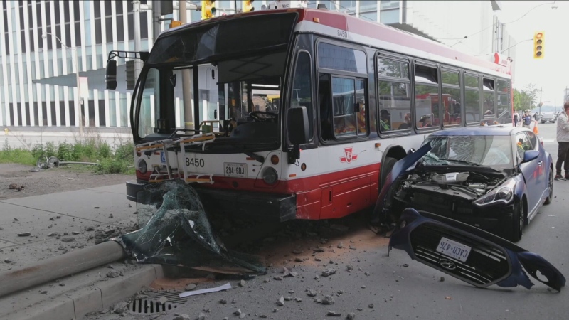 TTC bus, sedan badly damaged in a May 26 collision near Jarvis Street and Lake Shore Boulevard East.