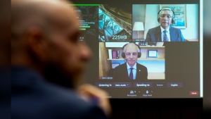 University of Toronto President Meric Gertler and McGill University President Deep Saini are pictured on screen as they appear as witnesses via video conference at a House of Commons standing committee on Justice and Human Rights on Parliament Hill in Ottawa on Monday, May 27, 2024. The committee is looking into antisemitism and additional measures that could be taken to address the valid fears that are being expressed by Canada's Jewish community. THE CANADIAN PRESS/Sean Kilpatrick