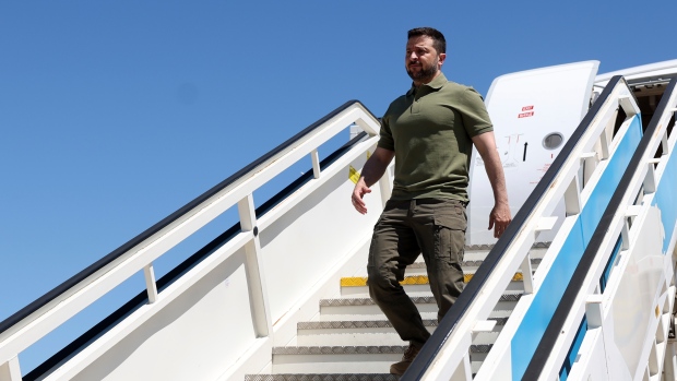 Ukrainian President Volodymyr Zelenskyy disembarks from his airplane after landing at the military airport in Lisbon, for a official visit to Portugal, Tuesday, May 28, 2024. (Tiago Petinga, Pool Photo via AP)