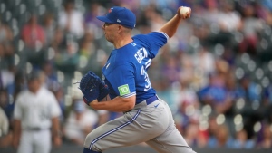 FILE - Toronto Blue Jays relief pitcher Chad Green (37) in the eighth inning of a baseball game Sunday, Sept. 3, 2023, in Denver. (AP Photo/David Zalubowski)