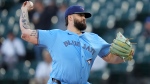 Toronto Blue Jays starting pitcher Alek Manoah throws against the Chicago White Sox during the first inning of a baseball game Wednesday, May 29, 2024, in Chicago. (AP Photo/Erin Hooley) 