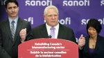 Premier Doug Ford, centre, delivers remarks while being flanked by Prime Minister Justin Trudeau, left, and Toronto Mayor Olivia Chow, right, during a press conference in the facilities of vaccine producer Sanofi, in Toronto on Thursday, May 30, 2024. THE CANADIAN PRESS/Arlyn McAdorey