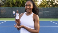 This undated photo provided by Mattel Inc., shows Venus Williams holding a Venus Williams Barbie Doll. Barbie dolls will honor tennis champion Venus Williams and eight other athletes as part of a project announced by Mattel on Wednesday, May 22, 2024. (Mattel Inc. via AP)