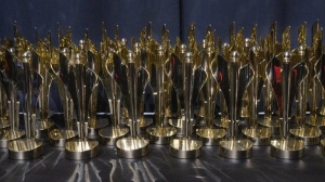 A group of Canadian Screen Award trophies are lined up before the awards ceremony at the Canadian Screen Awards, in Toronto on Friday, April 14, 2023. THE CANADIAN PRESS/Chris Young