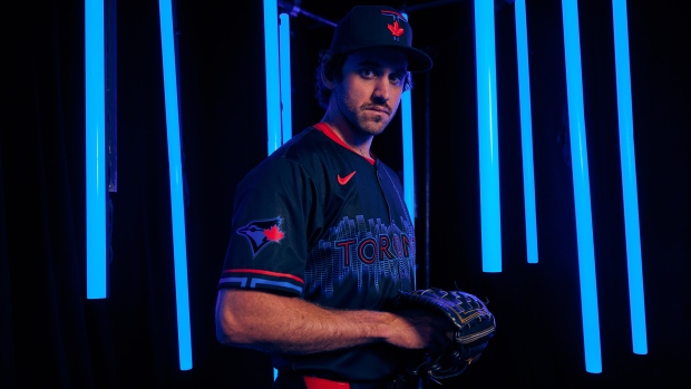 Jordan Romano wearing the Blue Jays' City Connect jersey. (Supplied)