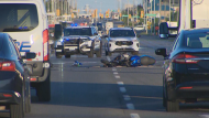 Police are on the scene of a collision between a motorcycle and a car in Brampton on Thursday, May 30, 2024. (CP24)