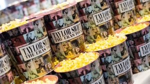 Popcorn buckets are pictured during the "Taylor Swift: The Eras Tour" concert movie world premiere at AMC The Grove in Los Angeles in 2023. (Valerice Macon/AFP/Getty Images via CNN Newsource)
