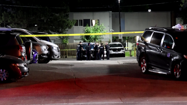 Police are on the scene of a shooting in Etobicoke on Saturday, May 1, 2024. (Jacob Estrin for CTV Toronto)