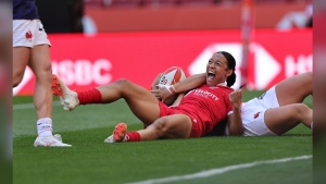 Canada’s Asia Hogan-Rochester celebrates a try against France on Day 3 of the HSBC SVNS Grand Final in Madrid in a Sunday, June 2, 2024, handout photo. THE CANADIAN PRESS/HO-World Rugby, KLC fotos, Mike Lee,