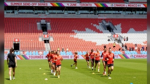 Canadian women's national soccer team players train prior to Tuesday's friendly against Mexico, in Toronto, Monday, June 3, 2024. THE CANADIAN PRESS/Neil Davidson