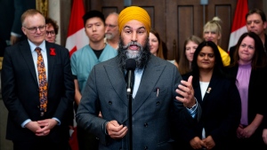 NDP Leader Jagmeet Singh speaks in the Foyer of the House of Commons on Parliament Hill in Ottawa, on Monday, June 3, 2024. THE CANADIAN PRESS/Spencer Colby