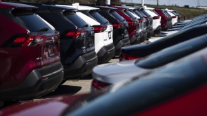 DesRosiers Automotive Consultants says light vehicle sales rose 5.7 per cent from last year as auto sales continue to recover from pandemic lows. New SUVs for sale are seen at an auto mall in Ottawa, April 26, 2021. THE CANADIAN PRESS/Justin Tang