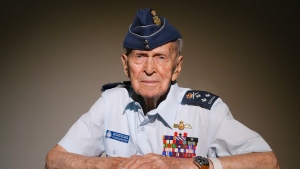 Richard Rohmer, Honorary Lt.-Gen. of the Canadian Armed Forces, is photographed at Sunnybrook Hospital, in Toronto, Thursday, May 30, 2024. The centenarian, a former reconnaissance pilot with the Royal Canadian Air Force during World War Two, was involved in on D-Day and the Battle of Normandy. THE CANADIAN PRESS/Chris Young
