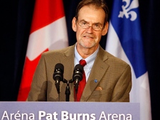 Former National Hockey League head coach Pat Burns, who is battling lung cancer, speaks to reporters at the announcing of a new arena to be named after him, Friday, March 26, 2010, in Stanstead, Que. (THE CANADIAN PRESS/Ryan Remiorz)