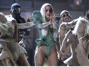 Lady Gaga, center, performs at the Grammy Awards on Sunday, Jan. 31, 2010, in Los Angeles. (AP / Matt Sayles