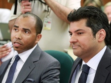 Former MP Rahim Jaffer (right) and his business partner Patrick Glemaud prepare to testify at the Commons government opertions and estimates committee on Parliament Hill in Ottawa, Wednesday, April 21, 2010. (THE CANADIAN PRESS/Fred Chartrand)
