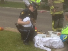 An Ontario Provincial Police officer cradles a cat that was rescued from a townhouse fire in Bolton on Wednesday, May 23, 2012. (CP24/Cam Woolley)