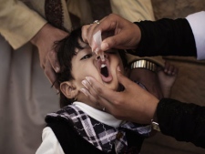 A Yemeni child receives a polio vaccination during a measles and polio immunization campaign at a health centre in Sanaa, Yemen, Sunday, April 1, 2012. (AP Photo/Hani Mohammed)