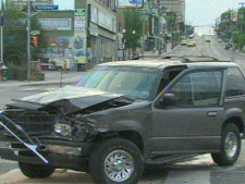 An SUV involved in a two-vehicle accident near Keele Street and Eglinton Avenue Sunday morning is shown. (CP24)