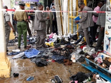 The scene of an explosion on a busy road in downtown Nairobi, Kenya, is pictured Monday, May 28, 2012. The explosion wounded more than a dozen people. (AP Photo/Sayyid Azim)