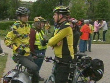 Participants in the Cycle and Sole rally are shown outside Queen's Park Saturday afternoon. (CP24)