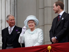 Britain's Prince Charles, Queen Elizabeth II and Prince William stand on the balcony at Buckingham Palace during Diamond Jubilee celebrations in London on Tuesday, June 5, 2012. (AP Photo/Stefan Wermuth, Pool) 