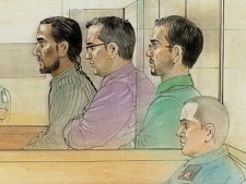 From the left: Steven Chand, 29, Asad Ansari, 24 and Fahim Ahmad, 25 in a Monday, April 12, 2010 courtroom sketch.